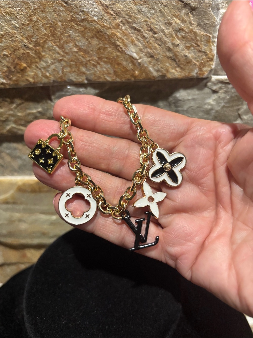 Gold Chain LV Charm Bracelet with White Enamel Accents - Picture 2 of 5
